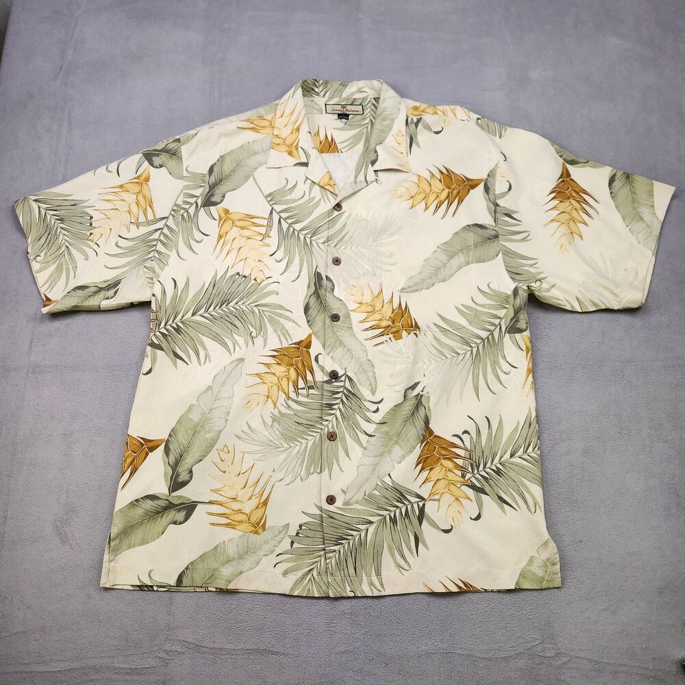 Tommy Bahama Shirt Men's L Beige 100% Silk Hawaiian Floral Beach Button Up